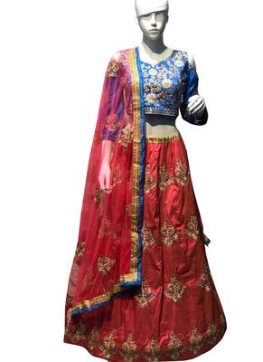 Red embroidered
 art silk unstitched lehenga 1