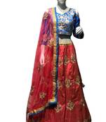 Red embroidered
 art silk unstitched lehenga