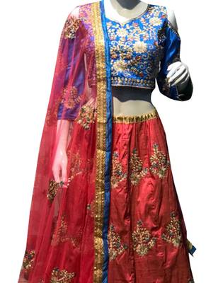 Red embroidered
 art silk unstitched lehenga 2