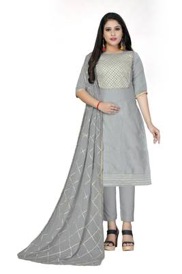 Grey gotta patti work chanderi salwar kameez with dupatta unstitched 1