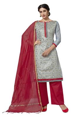 Grey Woven Work Pure Jacquard Salwarsuit Material With Chanderi Dupatta Unstitched 1