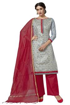 Grey Woven Work Pure Jacquard Salwarsuit Material With Chanderi Dupatta Unstitched
