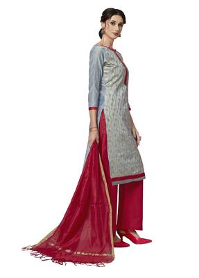 Grey Woven Work Pure Jacquard Salwarsuit Material With Chanderi Dupatta Unstitched 5