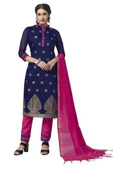 Blue Floral Print Pure Jacquard Salwar