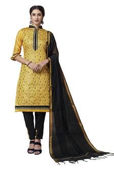 Yellow Floral Print Pure Jacquard Salwar