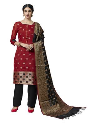 Red Black Floral Print Pure Jacquard Salwar Suit Unstitched Dress Material With Chanderi Cotton Dupatta 1