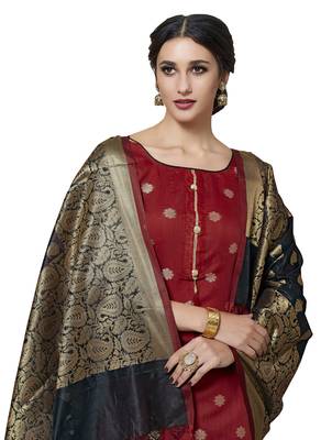 Red Black Floral Print Pure Jacquard Salwar Suit Unstitched Dress Material With Chanderi Cotton Dupatta 2