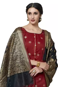 Red Black Floral Print Pure Jacquard Salwar Suit Unstitched Dress Material With Chanderi Cotton Dupatta