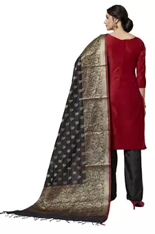 Red Black Floral Print Pure Jacquard Salwar Suit Unstitched Dress Material With Chanderi Cotton Dupatta