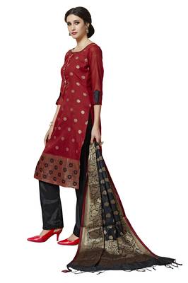 Red Black Floral Print Pure Jacquard Salwar Suit Unstitched Dress Material With Chanderi Cotton Dupatta 4