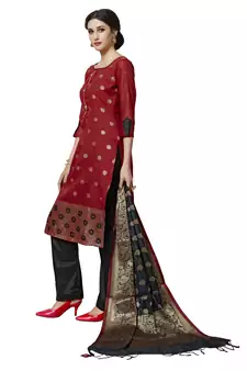 Red Black Floral Print Pure Jacquard Salwar Suit Unstitched Dress Material With Chanderi Cotton Dupatta
