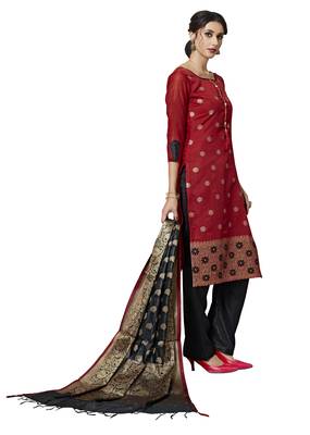 Red Black Floral Print Pure Jacquard Salwar Suit Unstitched Dress Material With Chanderi Cotton Dupatta 5