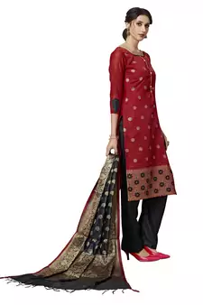 Red Black Floral Print Pure Jacquard Salwar Suit Unstitched Dress Material With Chanderi Cotton Dupatta