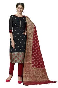 Black Red Floral Print Pure Jacquard Unstitched Salwar Suit With Chanderi Dupatta