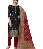 Black Red Floral Print Pure Jacquard Unstitched Salwar Suit With Chanderi Dupatta