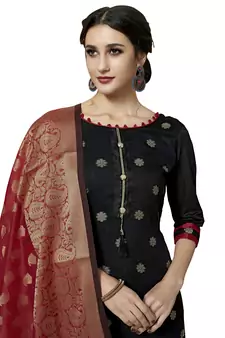 Black Red Floral Print Pure Jacquard Unstitched Salwar Suit With Chanderi Dupatta