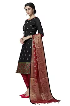 Black Red Floral Print Pure Jacquard Unstitched Salwar Suit With Chanderi Dupatta