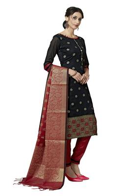 Black Red Floral Print Pure Jacquard Unstitched Salwar Suit With Chanderi Dupatta 5