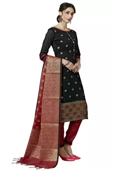 Black Red Floral Print Pure Jacquard Unstitched Salwar Suit With Chanderi Dupatta