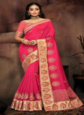 Pink embroidered fancy fabric saree with blouse 1