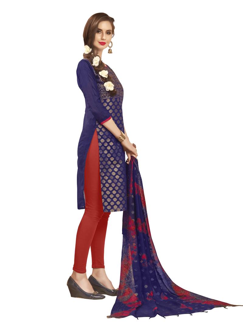 Navy-blue woven banarasi unstitched salwar with dupatta