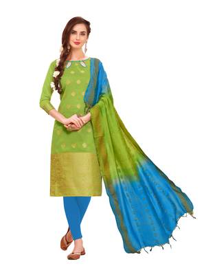 Parrot-green woven banarasi unstitched salwar with dupatta 1