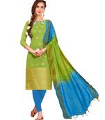 Parrot-green woven banarasi unstitched salwar with dupatta