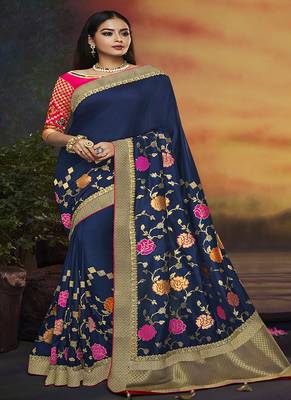   navy blue embroidered silk blend saree with blouse 1