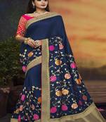   navy blue embroidered silk blend saree with blouse