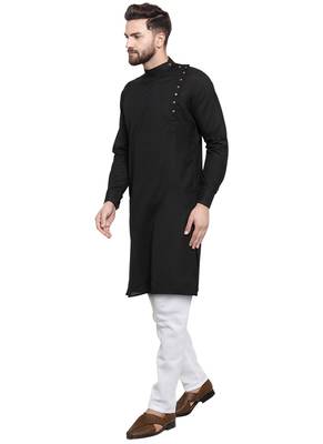 Black Plain Linen Kurta Pajama 5