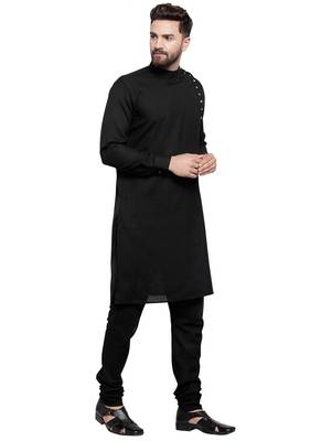 Black Plain Linen Kurta Pajama 3