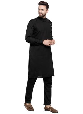Black Plain Linen Kurta Pajama 3