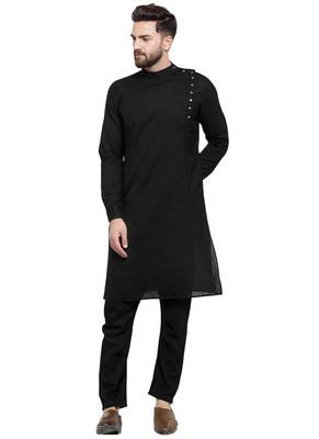 Black Plain Linen Kurta Pajama 5