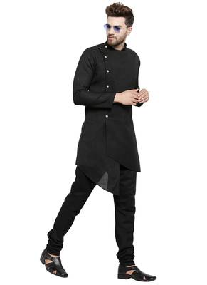 Black Plain Linen Kurta Pajama 5