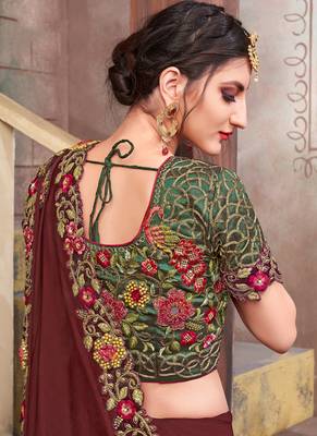 Maroon embroidered silk blend saree with blouse 3