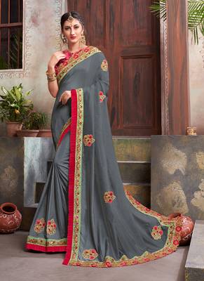 Grey embroidered silk blend saree with blouse 1