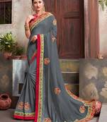 Grey embroidered silk blend saree with blouse