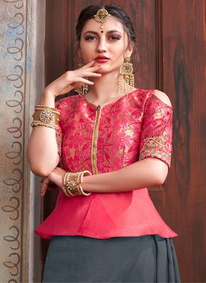 Grey embroidered silk blend saree with blouse 2
