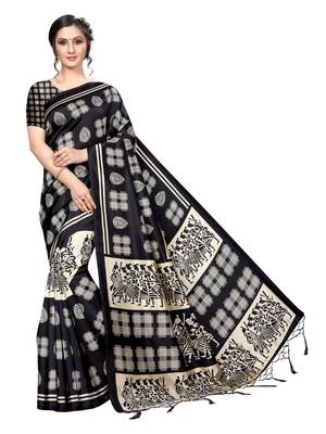 Black printed banarasi silk saree with blouse 1