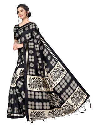 Black printed banarasi silk saree with blouse 3