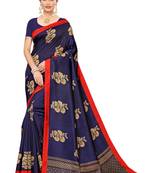 Navy blue printed banarasi silk saree with blouse