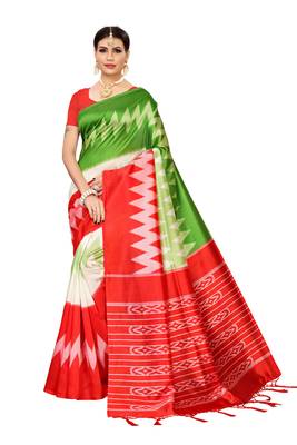 Red printed banarasi silk saree with blouse 1