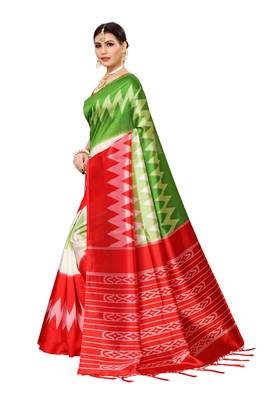 Red printed banarasi silk saree with blouse 2