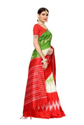 Red printed banarasi silk saree with blouse 3
