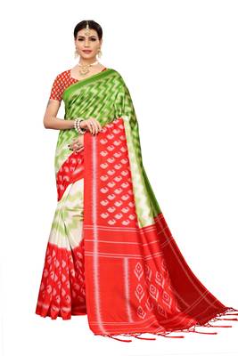 Red printed banarasi silk saree with blouse 1