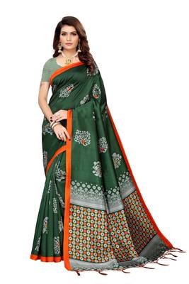 Green printed banarasi silk saree with blouse 1