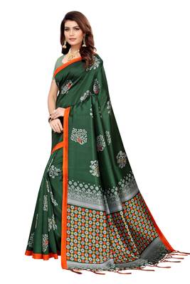 Green printed banarasi silk saree with blouse 2