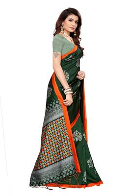 Green printed banarasi silk saree with blouse 3