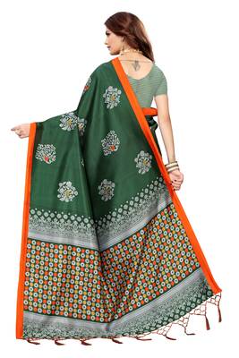 Green printed banarasi silk saree with blouse 4