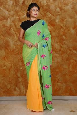 Light Green And Yellow Half Half Khadi Cotton Saree With Embroidery Work 1